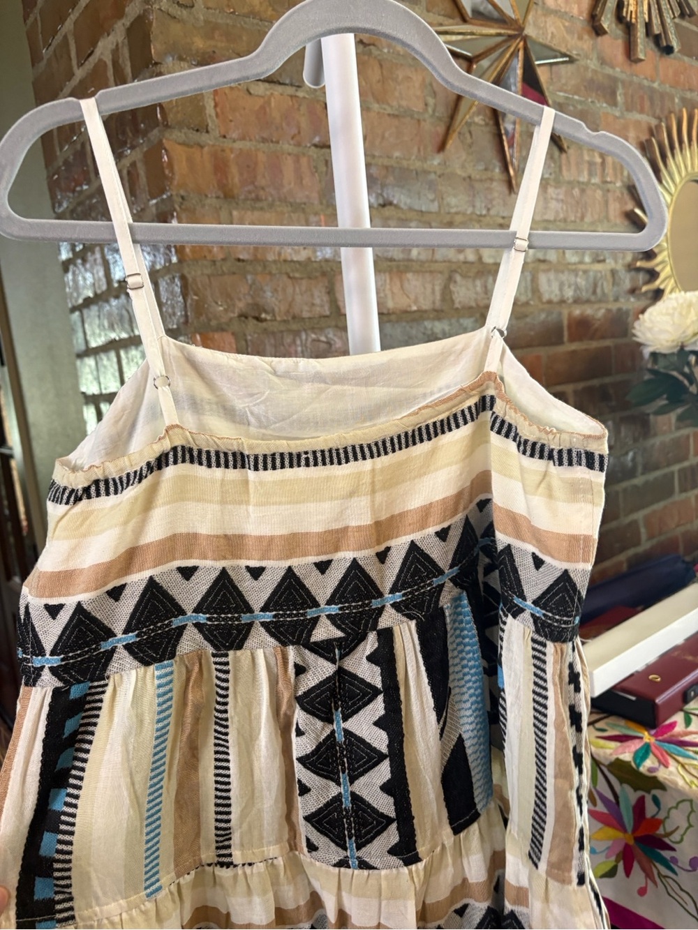 Elan Beige & Black Striped Geometric Midi Dress with Light Blue Accents - Picture 3 of 8
